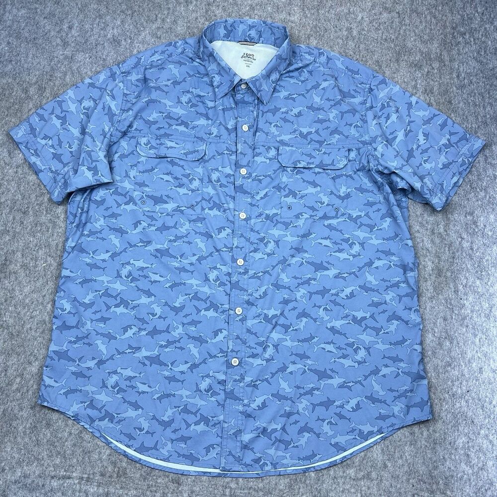 Izod Saltwater Men's Button Down Shirt Performance Shark Print Blue Size XXL